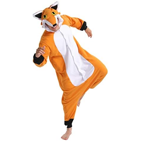 dressfan Animal Fox Onesie Fox Costume Cosplay Costume Fox Pajamas One Piece Sleepwear Orange for Unisex Adults Teens Kids Cover