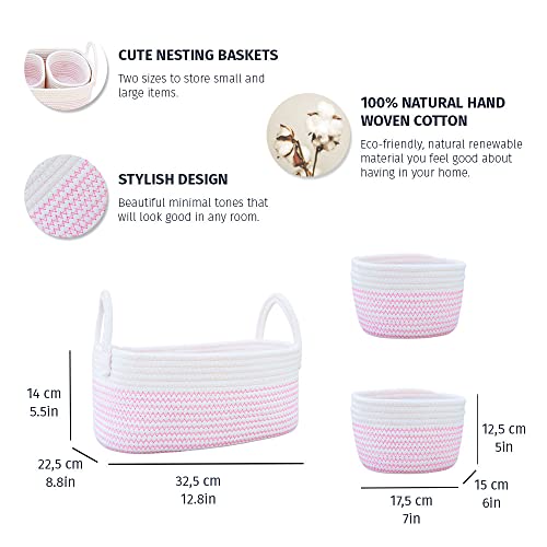 Organihaus Pink Baby Changing Basket | Nursery Storage Baskets For Shelves | Cotton Rope Basket W/Handles | Cloth Basket For Toys | Towel Basket Bins | Set Of 3 Small Woven Basket For Storage #TOP1