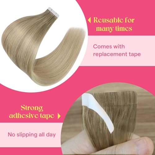 Image of Ve Sunny Hair Tape in Extensions Ash Blonde Mix Platinum Blonde 22Inch Long | Remy Human Hair Extensions Tape ins,50g 20Pcs,Easy to be Style,for Wedding or Party