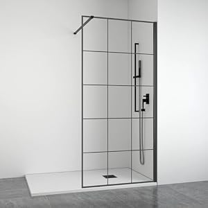 Mampara de ducha frontal panel fijo - Decorado industrial - Cristal templado 8 mm Antical - Perfilería Negra Mate - Ancho adaptable 98-100 cm - Alto 195 cm