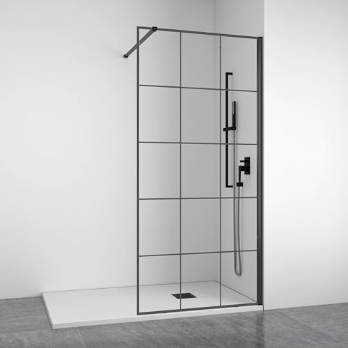 Mampara de ducha frontal panel fijo - Decorado industrial - Cristal templado 8 mm Antical - Perfilería Negra Mate - Ancho adaptable 88-90 cm - Alto 195 cm