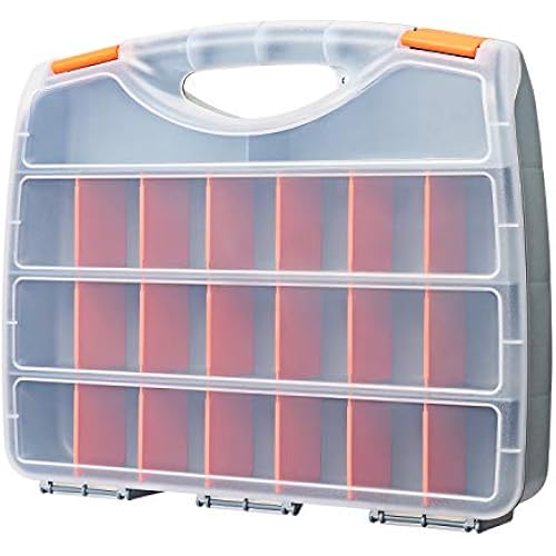 Makitoyo Hardware Storage Box Tools Organizer Container with Handle and Clear Lid, 21 Adjustable Compartments and 2 Fixed Sections,Perfect for Screws,Nuts, Bolts and Small Parts,15"L x 12.9"W x 2.9"H