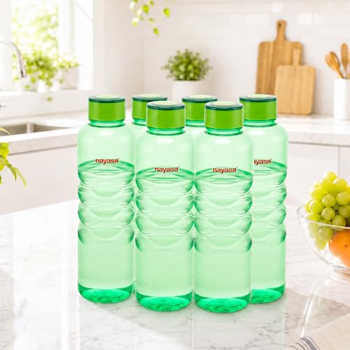 Image of Nayasa Revello 1000 ML Pet Plastic Fridge Water Bottles Set of 6 | BPA Free | Leak Proof | Airtight Lid | Green