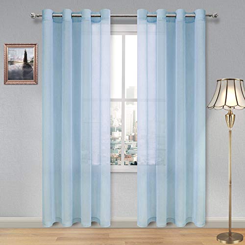 DWCN Sky Blue Faux Linen Sheer Curtains - Grommet Voile Window Curtain Drapes for Bedroom Living Room 52 x 84 inches Long, Set of 2