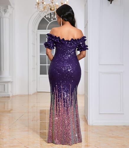 Image of dasmzper Women Sexy Sequin Off Shoulder Ruffle Short Sleeve Bodycon Mermaid Party Formal Evening Maxi Dress