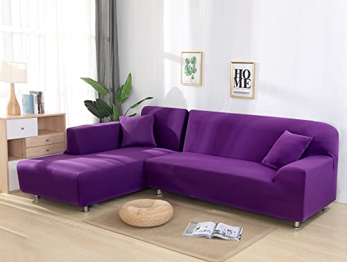 Mifxin Sectional Sofa Covers L Shape Couch Slipcover 2Pcs Stretch Elastic L-Type Chaise Sofa Couch Furniture Protector For Living Room Pets Kids (Solid Purple) #TOP2