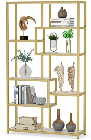 Tribesigns Bookshelf Bookcase, Gold 8-Open Shelf Etagere Bookcase with Faux Marble, Modern Book Shelves Display Shelf Storage Organizer for Home Office