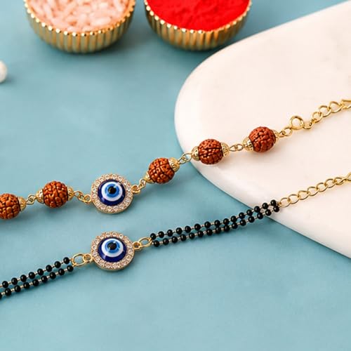 Image of Designer Evil Eye Couple Pair Rakhi for Brother Bhai Bhabhi | Premium Evil Eye Bracelet Rakhi Set for Bhaiya Bhabhi Gift, Rakshabandhan Greeting Card, Tilak Set,Home decor