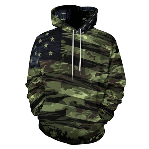 Sweat à capuche manches longues imprimé camouflage militaire et rayures rétro vert