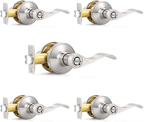 Probrico Wave Style Privacy Bed Bath Door Levers in Satin Nickel Finish, Interior Keyless Door Handles Locksets, 5 Pack
