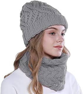 vamei Women Beanie Hat Scarf Set Soft Stretch Knitted Hat Ladies Knit Circle Scarf Outdoor Chunky Warm Winter Gift for Women