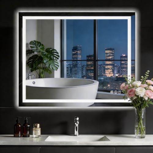 Image of 40 inchx 32 inch LED Bathroom Mirror with Lights, Anti-Fog, Backlit & Front Lit, Stepless Dimmable, 3 Colors, Memory Function, Vanity Mirror for Wall, Shatterproof Tempered Glass,Horizontal /Vertical