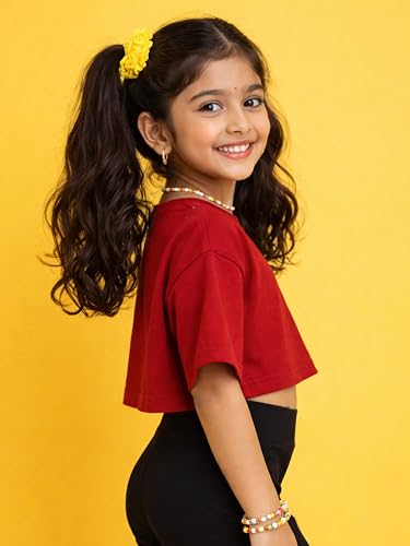 Image of KiddoPanti Girls 100% Cotton Solid Drop Shoulder Half Sleeve Round Neck Crop Tee
