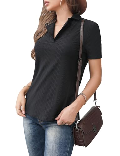 SDEER Camisa polo feminina, manga curta, gola V, jacquard, tops casuais de verão, Preto, M