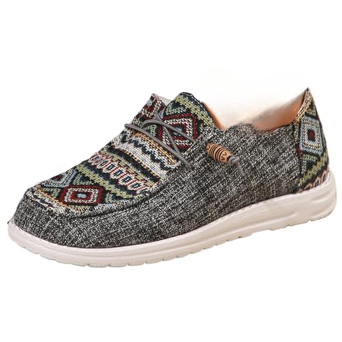 Women's Summer Fashionable Ethnic Pattern Lace Up Front Canvas Shoes, Work Flat Sneakers, Casual Comfortable Low Top Outdoor for Daily Wear, Loafers, Trending Walking Shoes, Trainers