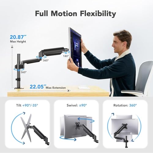 Image of HUANUO Single Monitor Arm, Tall Computer Monitor Stand for 13-32 inch Screens Holds 4.4-19.8 lbs, Adjustable Monitor Mount Gas Spring Full Motion with C-Clamp & Grommet Base, VESA 75x75 or 100x100mm