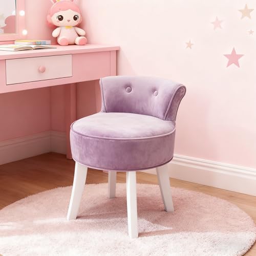 Qivange Velvet Vanity Dressing Table Chair with Low Back and Wooden Legs, Makeup Vanity Stool Chair for Bedroom Dressing Table, Purple, 49cm x 49cm x 62cm