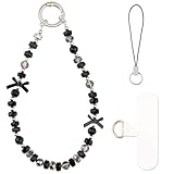 HONZUEN Handykette Perlen Kurz, Charms Anhänger Handy Kette mit Bunte Kristallperlen, Anti-Drop Handy Anhänger & Wrist Strap für Damen und Mädchen, Cute Phone Charm Zubehör, Schwarze Schleife