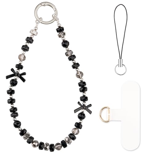 HONZUEN Handykette Perlen Kurz, Charms Anhänger Handy Kette mit Bunte Kristallperlen, Anti-Drop Handy Anhänger & Wrist Strap für Damen und Mädchen, Cute Phone Charm Zubehör, Schwarze Schleife