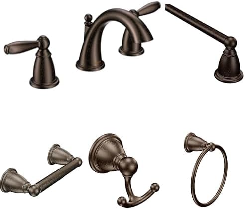 Moen Brantford Oil-Rubbed Bronze Bathroom Set - Two-Handle Widespread Faucet with 24-Inch Towel Bar, Hand Towel Ring, Double Robe Hook, and Toilet Paper Holder