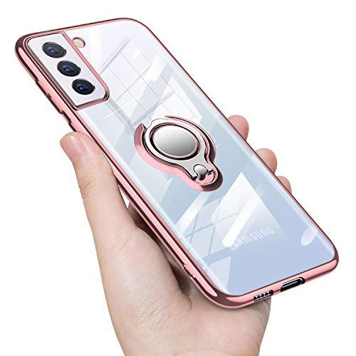 Guuboly Samsung Galaxy S21 Case Crystal Clear Slim Soft Silicone Case with Ring Holder Kickstand (Supports Magnetic Car Mount) Rubber Bumper Defender Protective Cover for Samsung S21 Case - Rose Gold