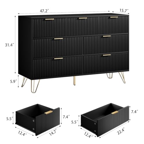Image of Furniway Black 7 Drawer Fluted Dresser for Bedroom with Gold Handles