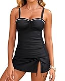 Yonique Womens Underwire Tankini Swimsuits with Skirt Two Piece Bathing Suits Vintage Swimwear Black L