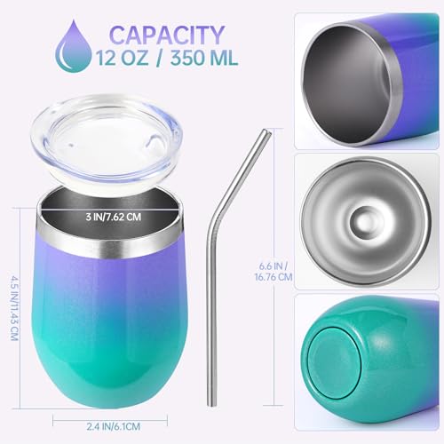 Volhoply 12oz Stainless Steel Wine Tumbler with Lid and Straw,350ml Double Wall Vacuum Insulated Stemless Wine Glasses,Travel Coffee Mug for Cold Drinks,Tumblers Gifts for Women(Purple Green,1 Set) - Image 2