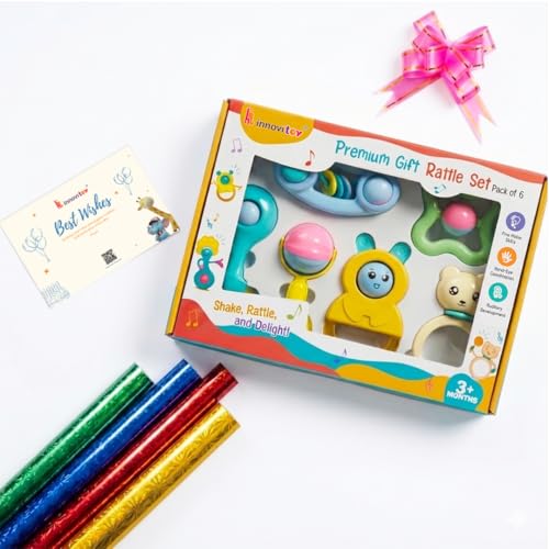 Image of 6 Pcs Premium Baby Rattle & Teether Gift Set with Gift Packing Kit (Sticker Card + Ribbon + Gift Wrap Paper) | Safe, Non-Toxic Toys for Newborns 3+ Months | Colorful Soft Sound Rattles | Perfect Baby Gift Set