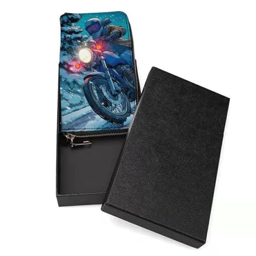 Motorcycle Motorcyclist Riding in Snowy Women's Leather Clutch Wallet with Zip Card Holder Hand Strap Large Capacity3