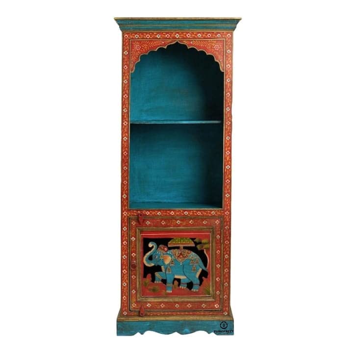 Image of Wood Elephant Flower Painted Bookshelf Corner Home Decor Book Stand Self Wood Book Storage Stand Fine Work Painted Furniture