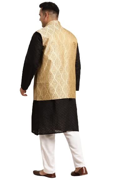Image of SOJANYA (Since 1958) Men's Silk Blend Dark Green Kurta & Silk Blend Nehrujacket With Off White Churidar Pyjama Set