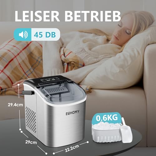 EUHOMY Eiswürfelmaschine Klein, 9 Eiswürfel in 6 Minuten, 12 kg/24H, Eiswürfelmaschine Edelstahl mit Tragbarem Griff, Selbstreinigender Kompakter Eiswürfelmaschinen für Zuhause/Küche/Büro/Bar