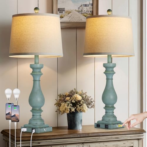 luxeflow 29" Tall Coastal Table Lamps Set of 2,Retro Blue Bedside Lamps with USB C+A Ports & AC Outlet,3-Way Dimmable Touch Lamp for Night Stands Living Room Bedroom,Blue