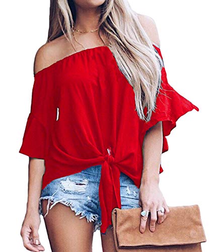 LuckyMore Womens Striped Off Shoulder Bell Sleeve Shirt Tie Knot Summer Blouses Tops (L, A-Red)