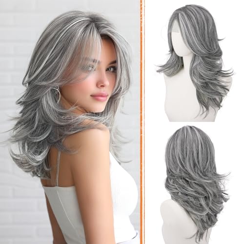 Grey Layered Wigs with Curtain Bangs