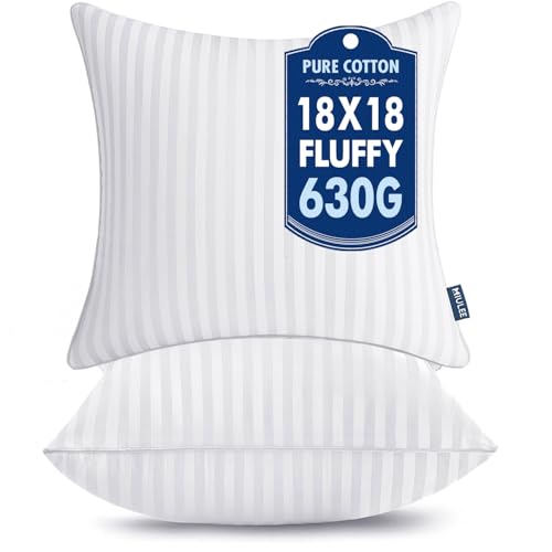 MIULEE 18x18 Pillow Inserts, Firm and Fluffy Decorative Square Throw Pillows for Couch Sofa Bed, Down Alternative with 100% Cotton Cover Pack of 2