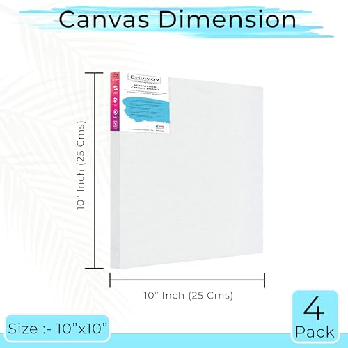 Image of Eduway 10x10 inches Pre Stretched Medium Grain 7Oz Primed Cotton Painting Canvas with Wooden Frame for Beginners & Artists | Suitable with Acrylic, Oil, Water Colours - (Set of 4)`
