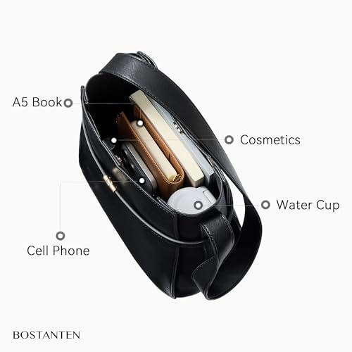 Image of BOSTANTEN Vegan Leather Purses for Women Quiet Luxury Shoulder Bucket Bag | Soft Luxury Tanned Leather, Include Drawstring Pouch, Front Belted Design, Fixed Wide Strap, for Everyday Office Weekend