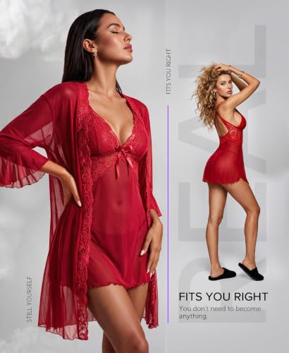Image of RSLOVE Women Sexy Lingerie Set - 3 Piece Babydoll & Lace Kimono Robe Strap Chemise Nightgown Mesh Sleepwear