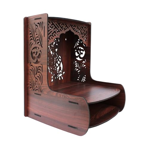Image of Olive Tree Ethnic Wooden Pooja Mandir for Home Handcrafted Puja Stand | Wall Mounted with LED Spot Light | Mandapam, Pooja Ghar, Temple Office Decor - Walnut Size 12X12X16 Inch 1002