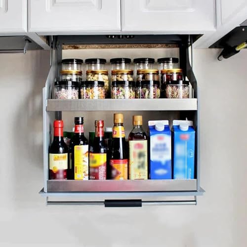 Heavy-Duty 2-Tier Pull Down Shelf for Upper Cabinets, Space-Saving Folding Organizer, Convenient Wall-Mounted Storage Solution (60cm Cabinet H 62cm)