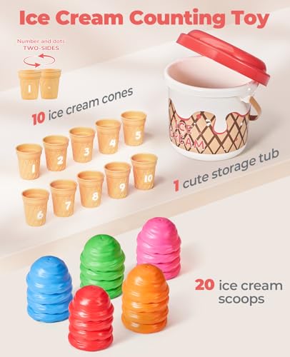 Image of JoyCat Ice Cream Preschool Learning Activities Counting and Color Sorting Set Stacking Toys for Kids 1-5, Educational Fine Motor Skills Toys, 30PCS Math Manipulatives