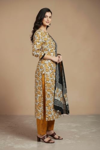 Image of Eddika women unstitched hand block printed cotton suit set with mulmul dupatta ehbpcswmd0120P