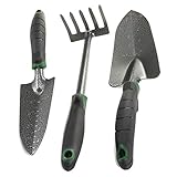 Edward Tools Garden Tool Set - Heavy Duty Carbon Steel Trowel, Transplanter, Hand Rake - 3 Piece Garden Tool Set with Bend-Proof Design - Ergo Rubber Grip Handles