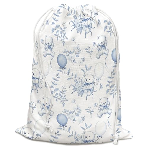 DSHFG Blue Bear Birthday Gift Bags, Chinoiserie Blue Baby Shower Drawstring Gift Bags Canvas, Small Happy Birthday Bag, 10x13 Inch