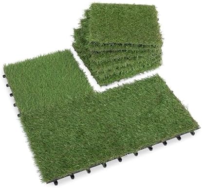 Artificial Grass Turf Tiles Interlocking Set 10 Pieces, Fake Grass Tiles Self-draining for Pet Indoor/Outdoor Flooring Decor,11.8x11.8 inches