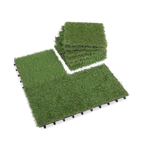 Artificial Grass Turf Tiles Interlocking Set 10 Pieces, Fake Grass Tiles Self-draining for Pet Indoor/Outdoor Flooring Decor,11.8x11.8 inches