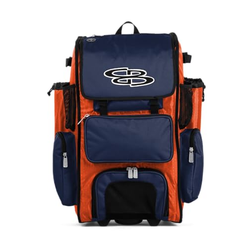 Boombah Rolling Superpack Baseball/Softball Gear Bag - 23-1/2" x 13-1/2" x 9-1/2" - BRSP2C23 Orange/Navy - Telescopic Handle - Holds 4 Bats - Wheeled Version