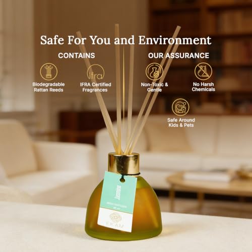 Image of Ekam Frosted Glass 60ml Jasmine Reed Diffuser Set | Free 6 Fiber Reed Sticks | Stress Relief & Aromatherapy | Long-Lasting Home Fragrance (Up to 60 Days) | Air Freshener for Room, Bedroom & Bathroom